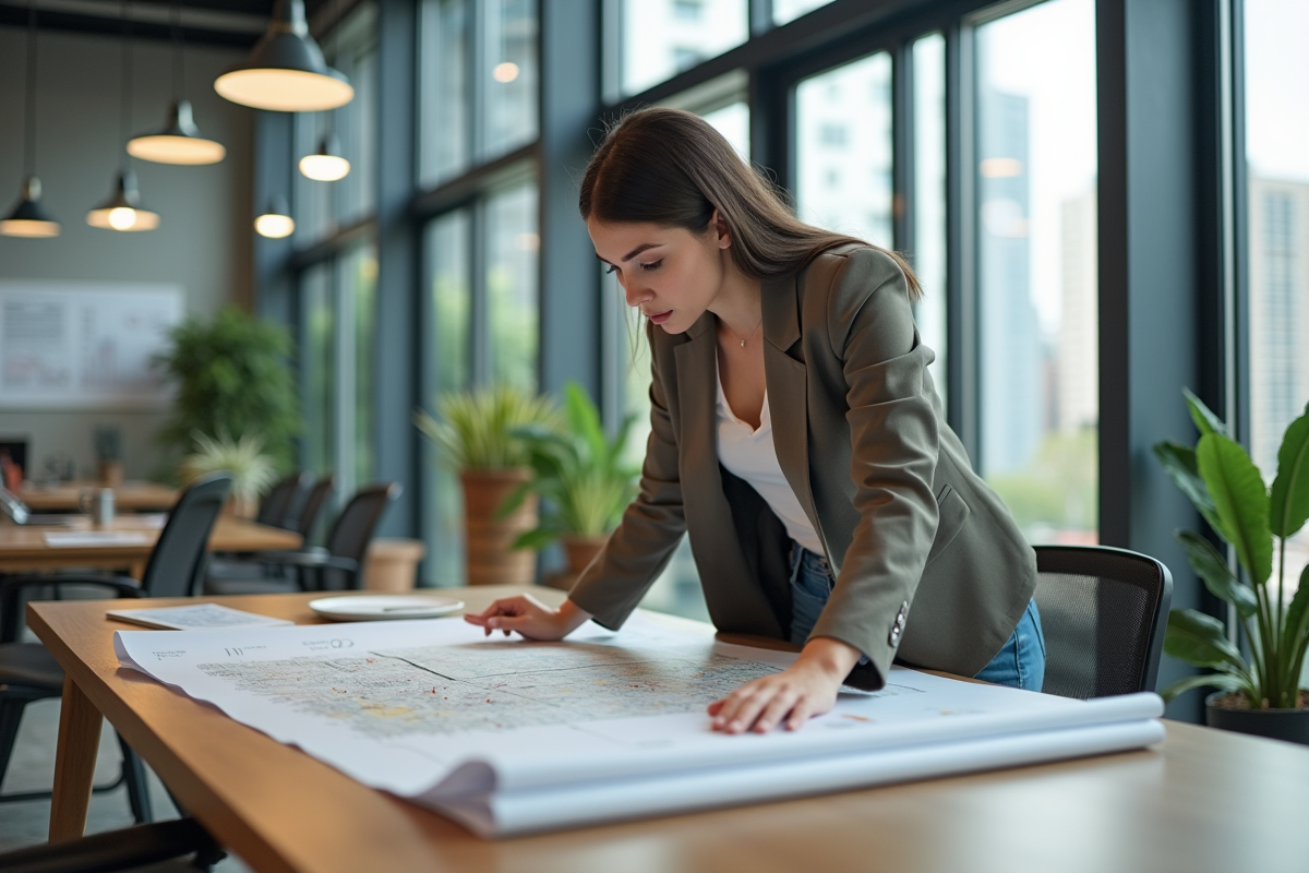 Jeune urbaniste étudiant une carte dans un bureau moderne