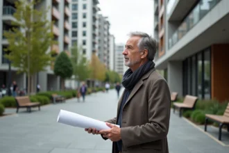 Urbaniste avec plan dans une place urbaine moderne