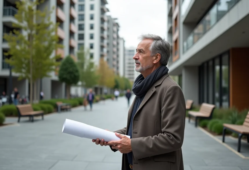 Urbaniste avec plan dans une place urbaine moderne