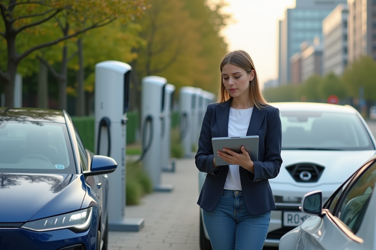 Jeune femme urbaniste avec voitures électriques en ville