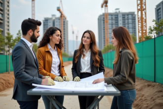 Groupe d'urbanistes examinant des plans sur un site en construction
