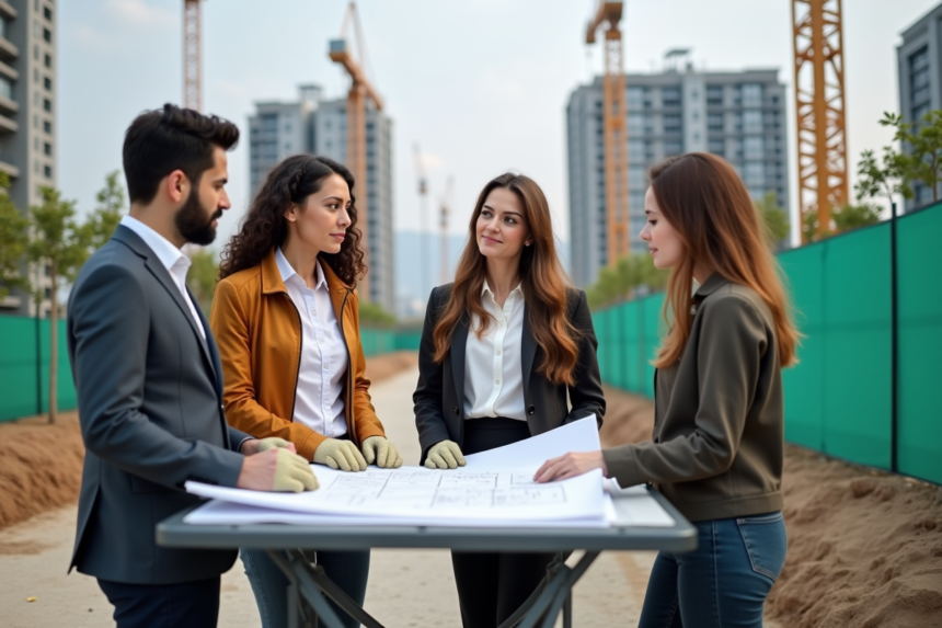 Groupe d'urbanistes examinant des plans sur un site en construction