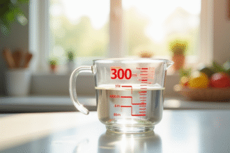 Verre mesure 300 ml sur plan de travail lumineux
