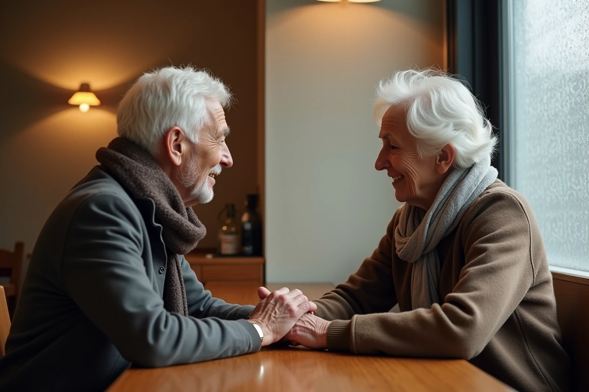 Deux vieux amis dans un café se tenant la main en signe de solidarité et d'amitié profonde face à la maladie