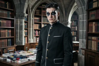 Cosplayer incarnant le villain aux yeux de renard de l'académie des démons, en uniforme sombre dans une bibliothèque gothique