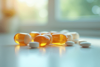 Capsules et comprimés de vitamine B12 sur une surface claire