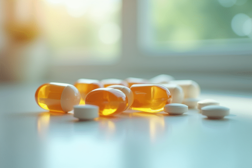 Capsules et comprimés de vitamine B12 sur une surface claire