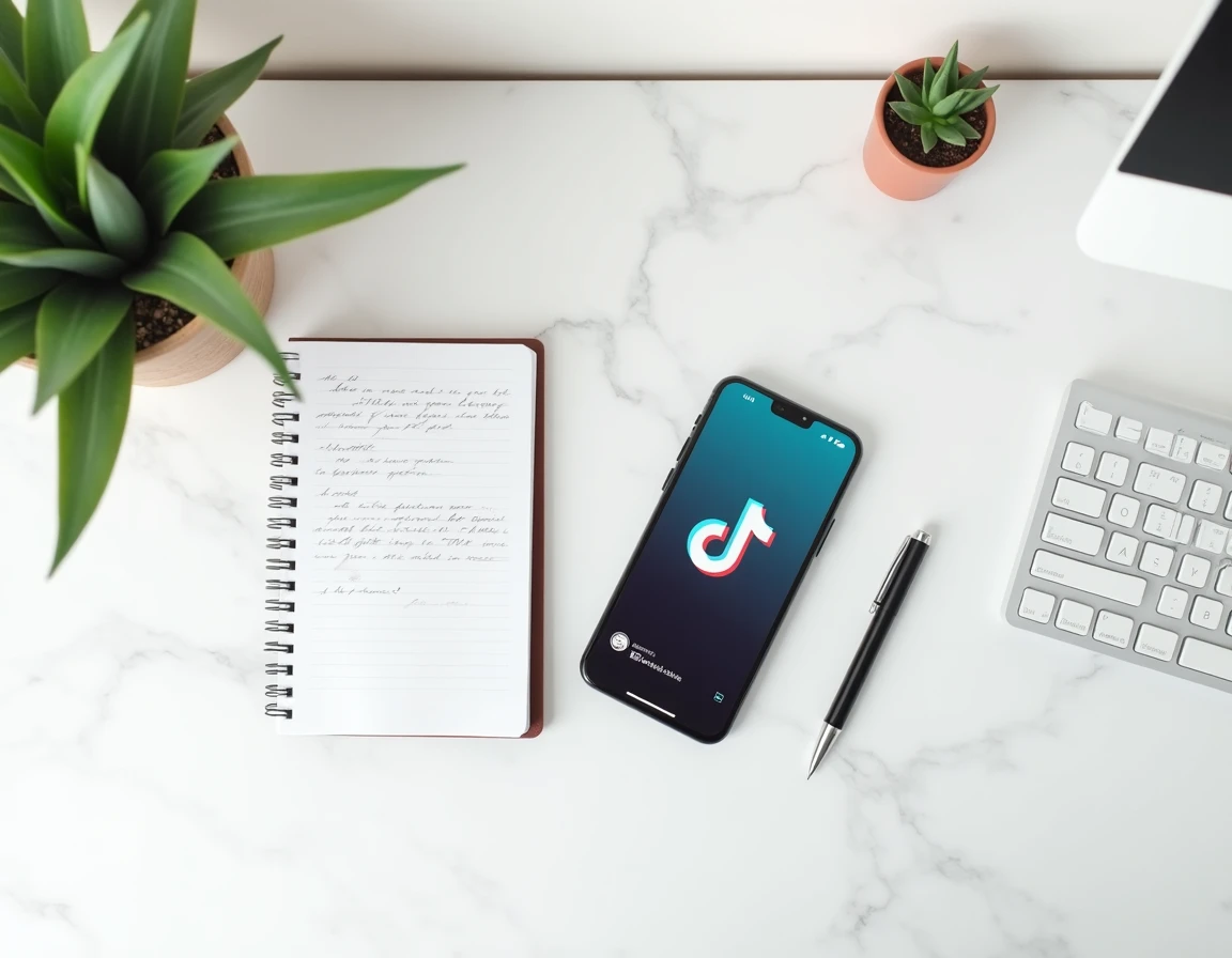 Vue aérienne d'un smartphone affichant un profil de réseau social avec compteur d'abonnés sur un bureau en marbre blanc