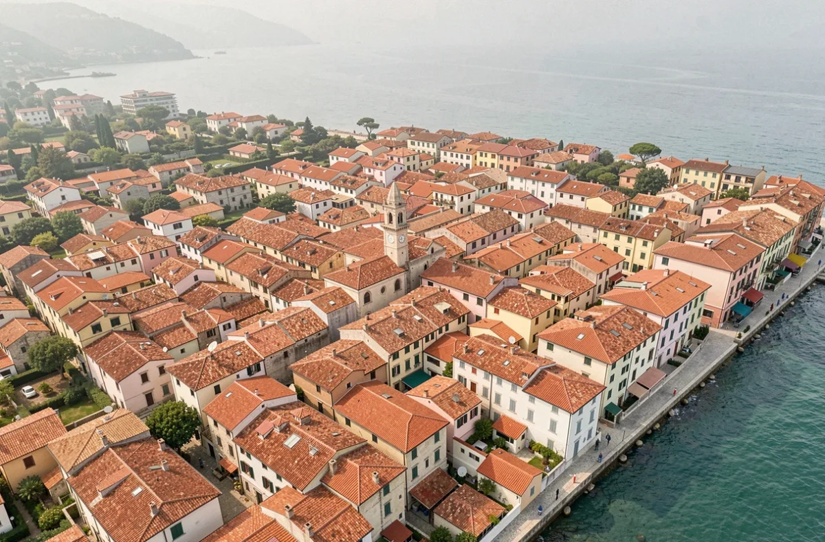 Vue aérienne d'une petite ville côtière italienne aux toits en tuiles rouges et rues étroites