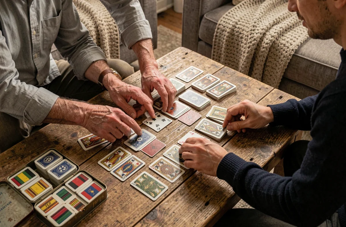 Vue plongeante sur les mains de deux joueurs au-dessus d'un jeu de crapette disposé sur une table basse en chêne dans un salon